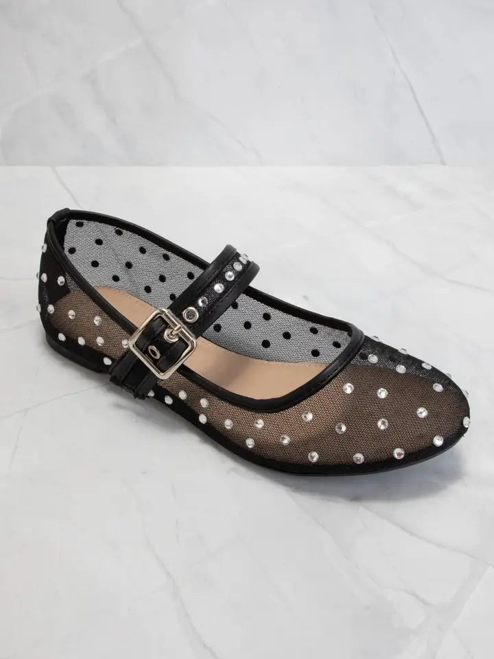 Rhinestone Embellished Mesh Mary Jane Flats | Black