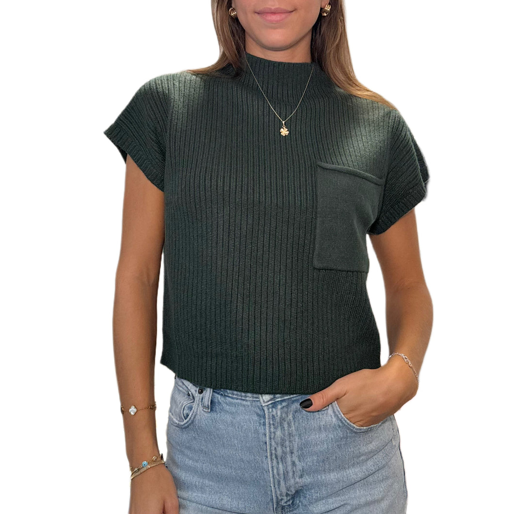 Mock Neck Ribbed Short Sleeve Top Dark Green