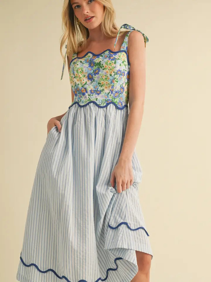 Scalloped Mixed Print Midi Dress | Blue