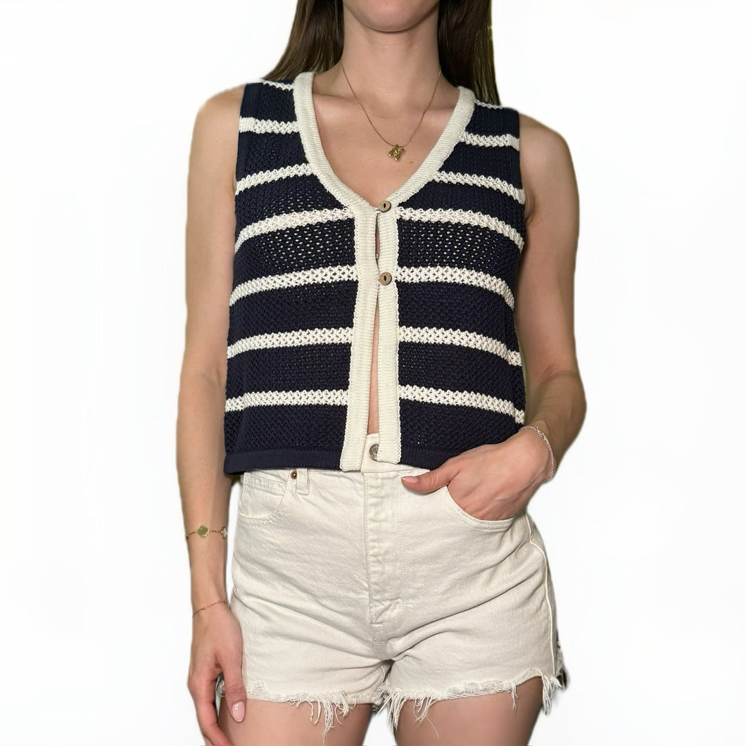 Striped V Neck Button Front Split Hem Knit Vest | Navy