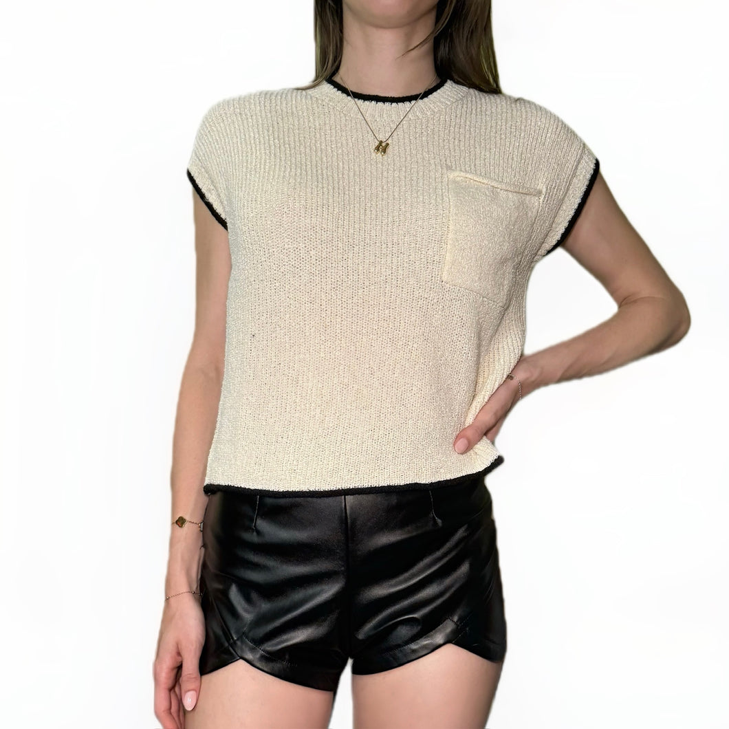 Contrast Trim Short Sleeve Pocket Detail Sweater