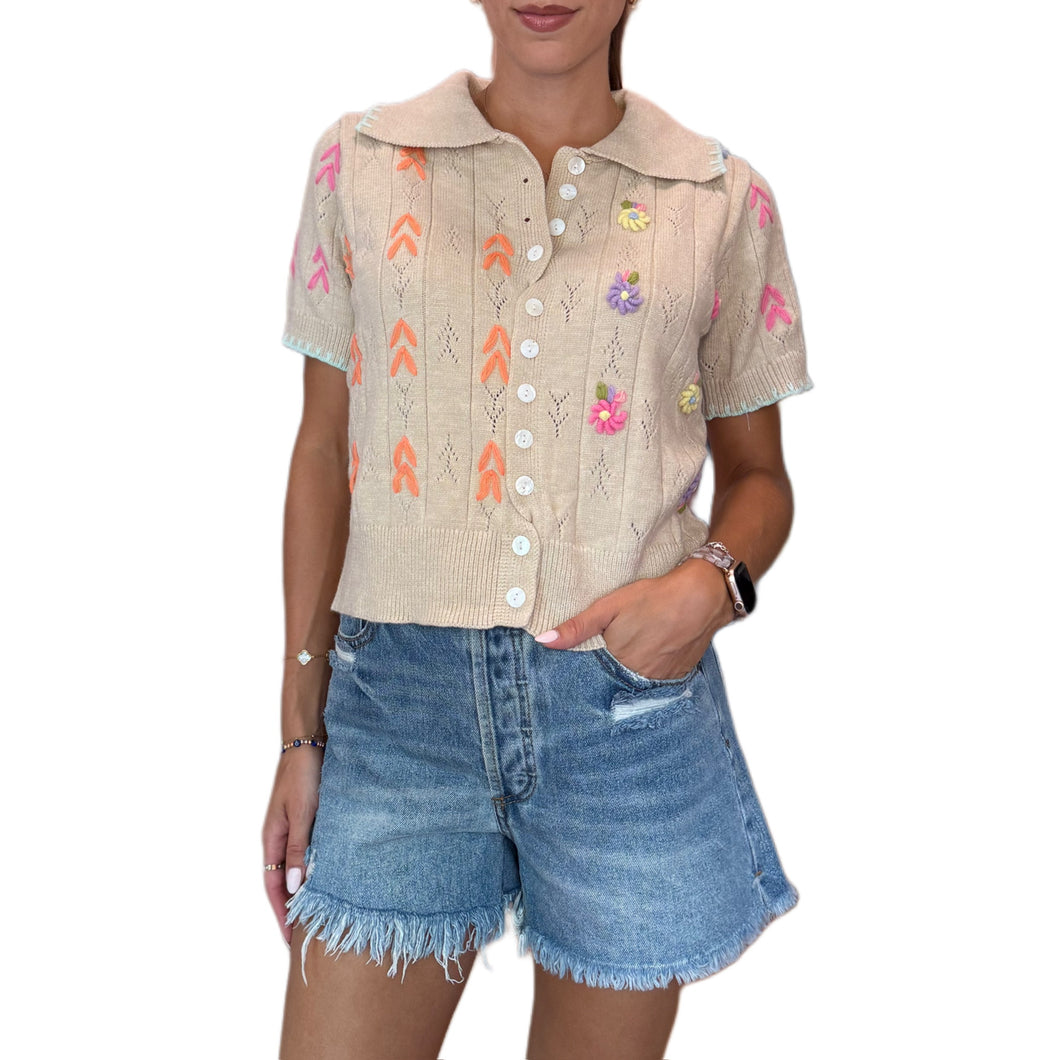 Hand Embroidered Short Slv Button Down Sweater