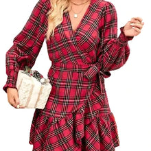 Load image into Gallery viewer, Plaid Printed V neck with Ruffle Hem Dress
