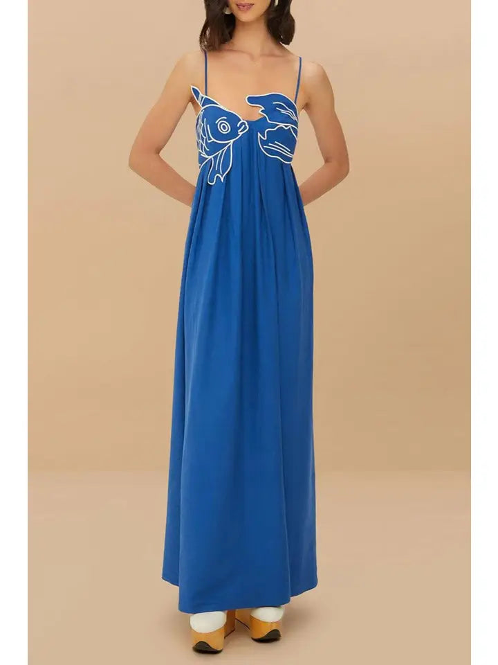 Vivid Rio Goldfish Embroidered Strappy Maxi Dress | Blue