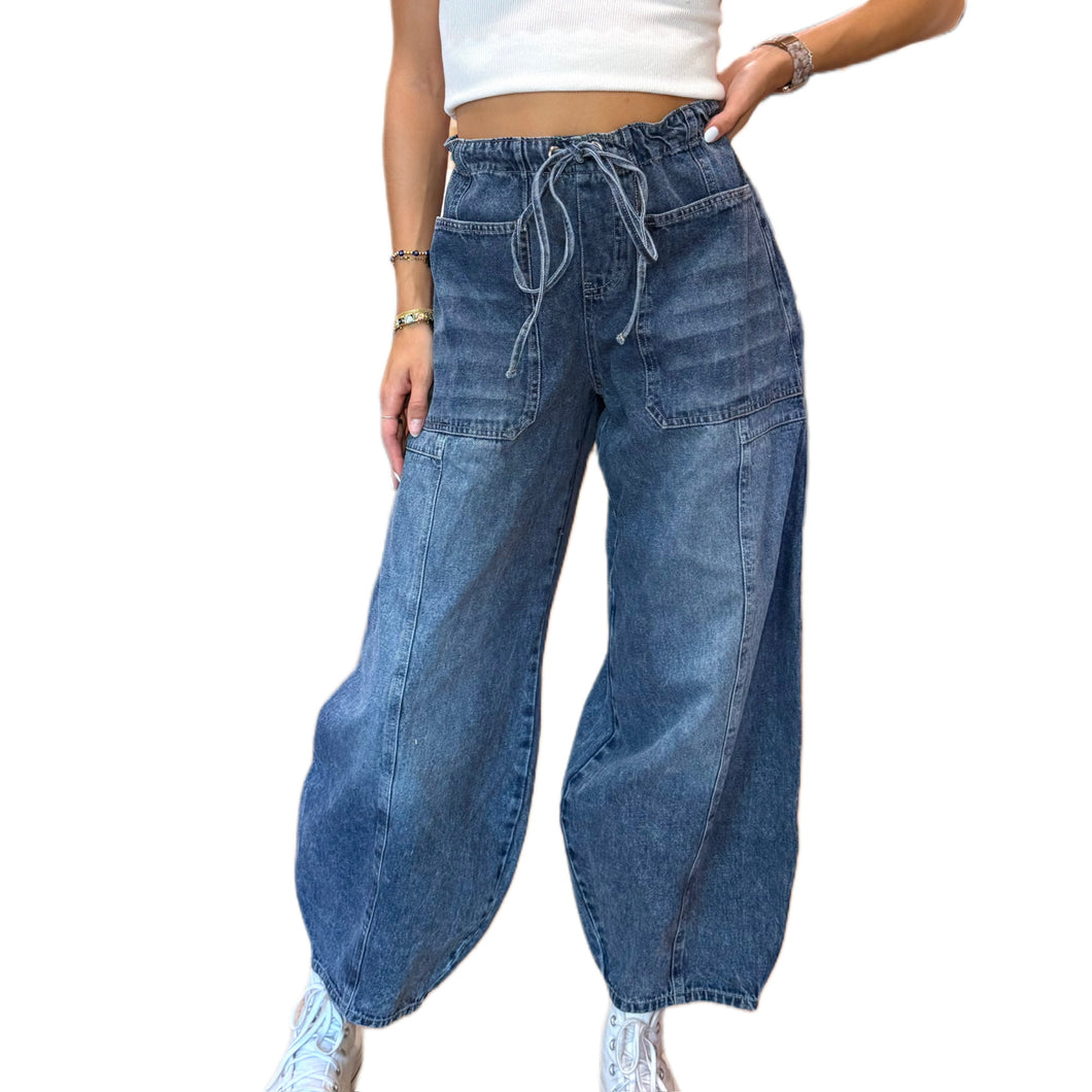 Mid Waist Drawstring Barrel Jeans
