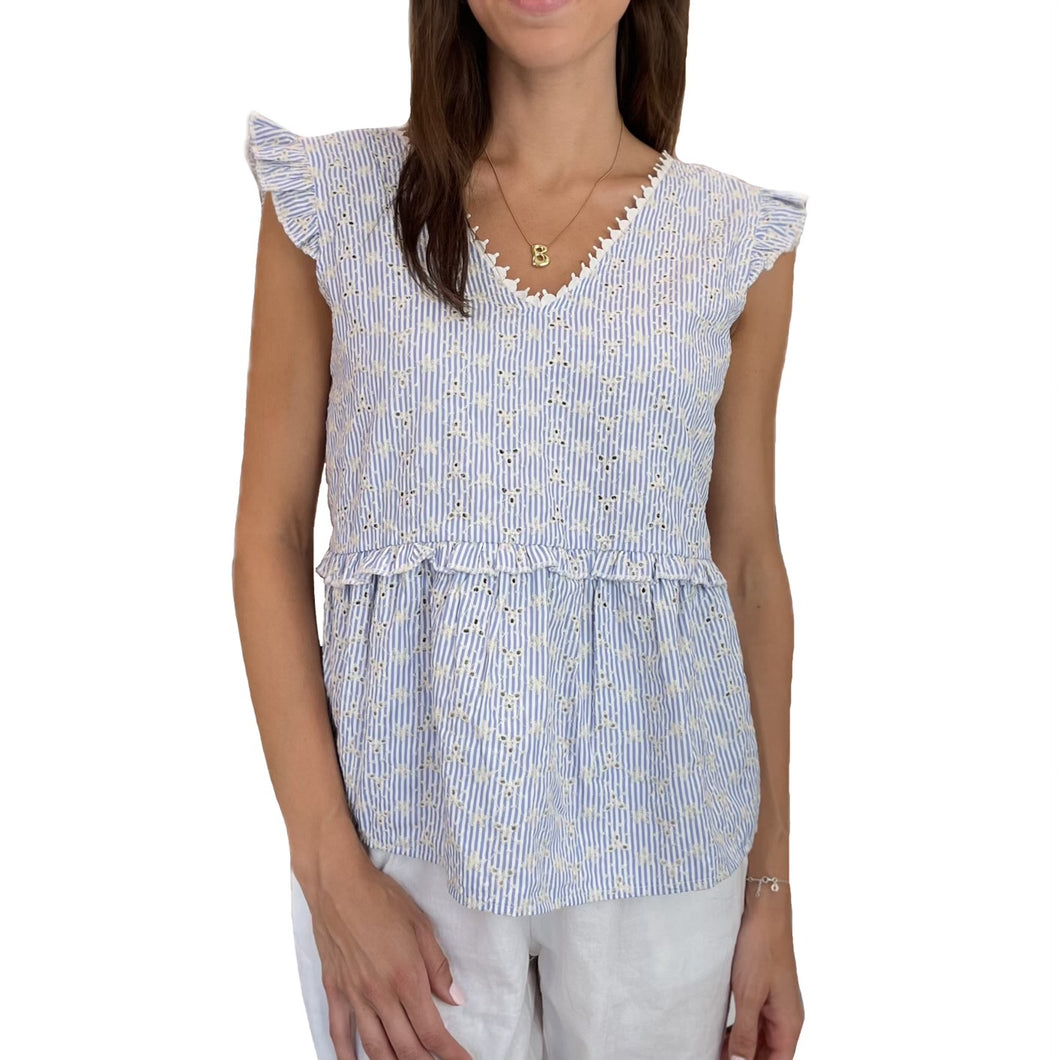 Seersucker Eyelet Tank with Riffle Cap Sleeve