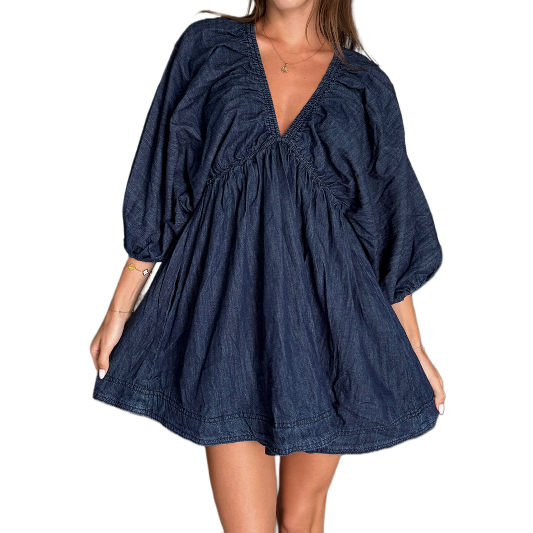 Vneck Puff Sleeve Denim Short Dress