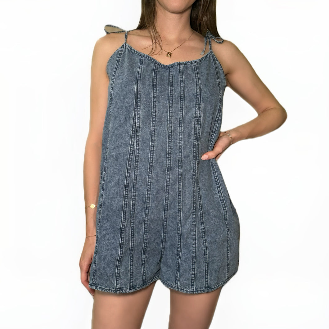 Front Pleated Vneck Sleeveless Romper | Denim