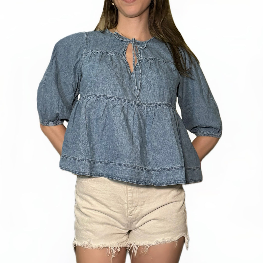 Ruffle Hem Tie Closure Denim Top