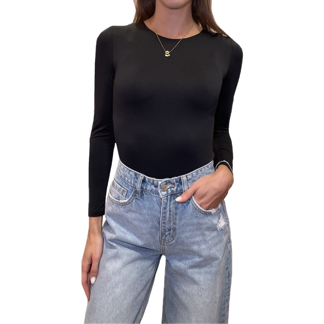 Solid Round Neck Long Sleeve Bodysuit | Black