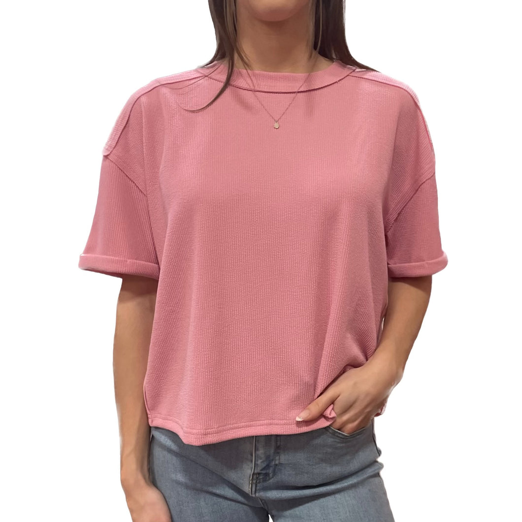 Nora Relaxed Folded Sleeve Rib Knit Top | Pink