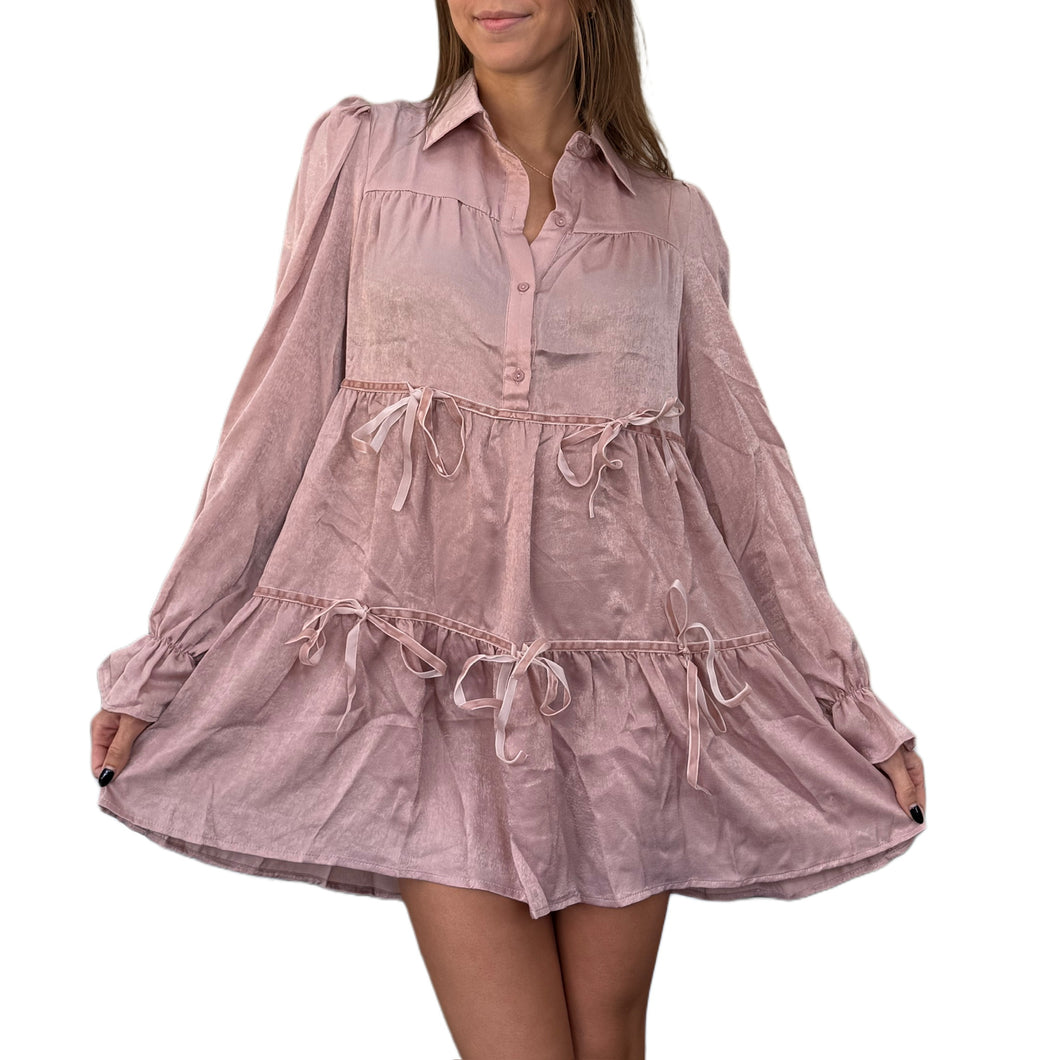 Tiered Bow Tie Accent Satin Dress | Mauve