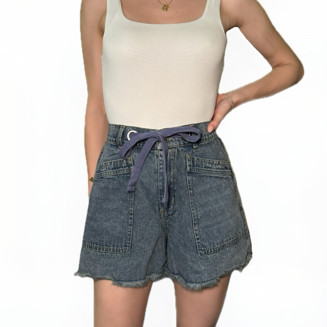 Tied Front Raw Edge Denim Shorts