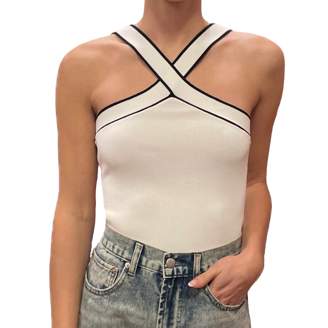 Shelby Cross Neck Knit Top | Off White