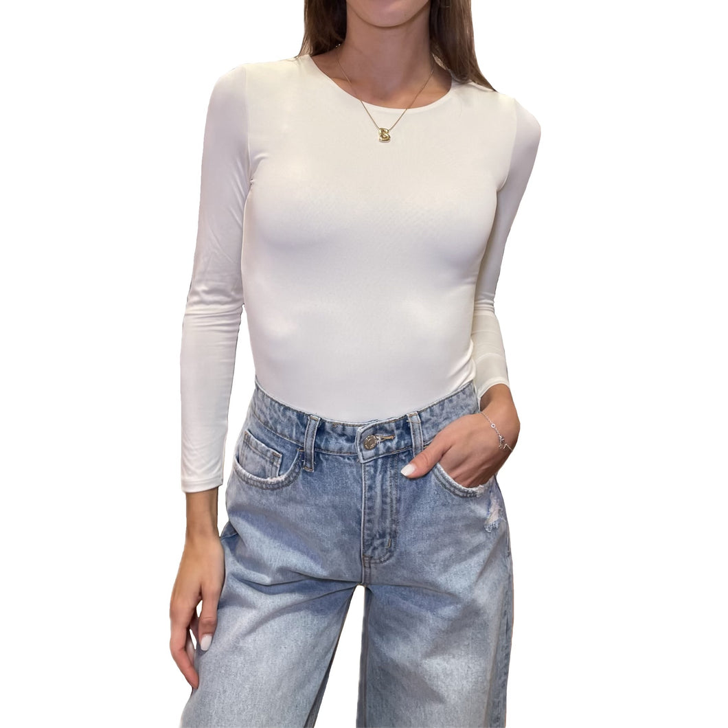 Solid Round Neck Long Sleeve Bodysuit | Ivory