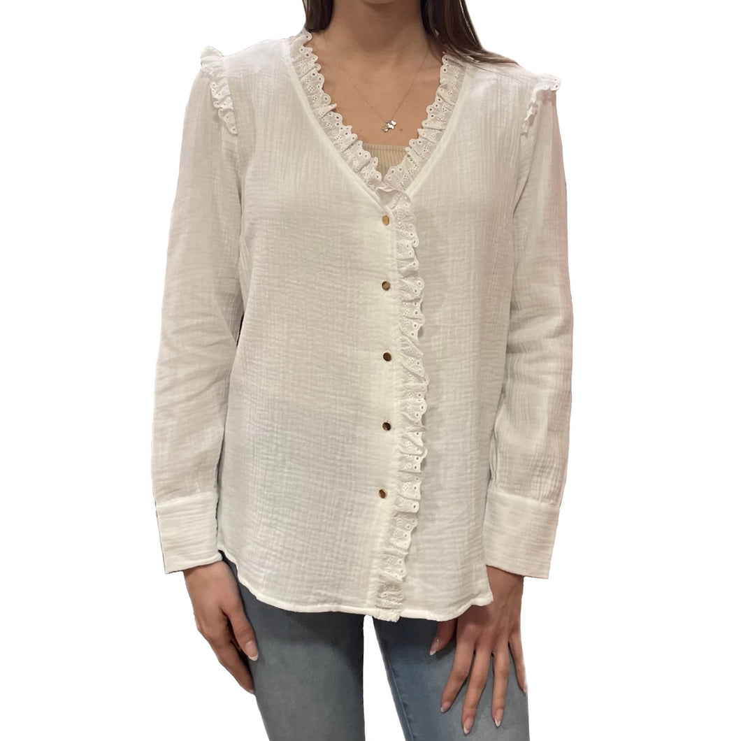 Miles Crinkle Long Sleeve Top with Gold Buttons  | White