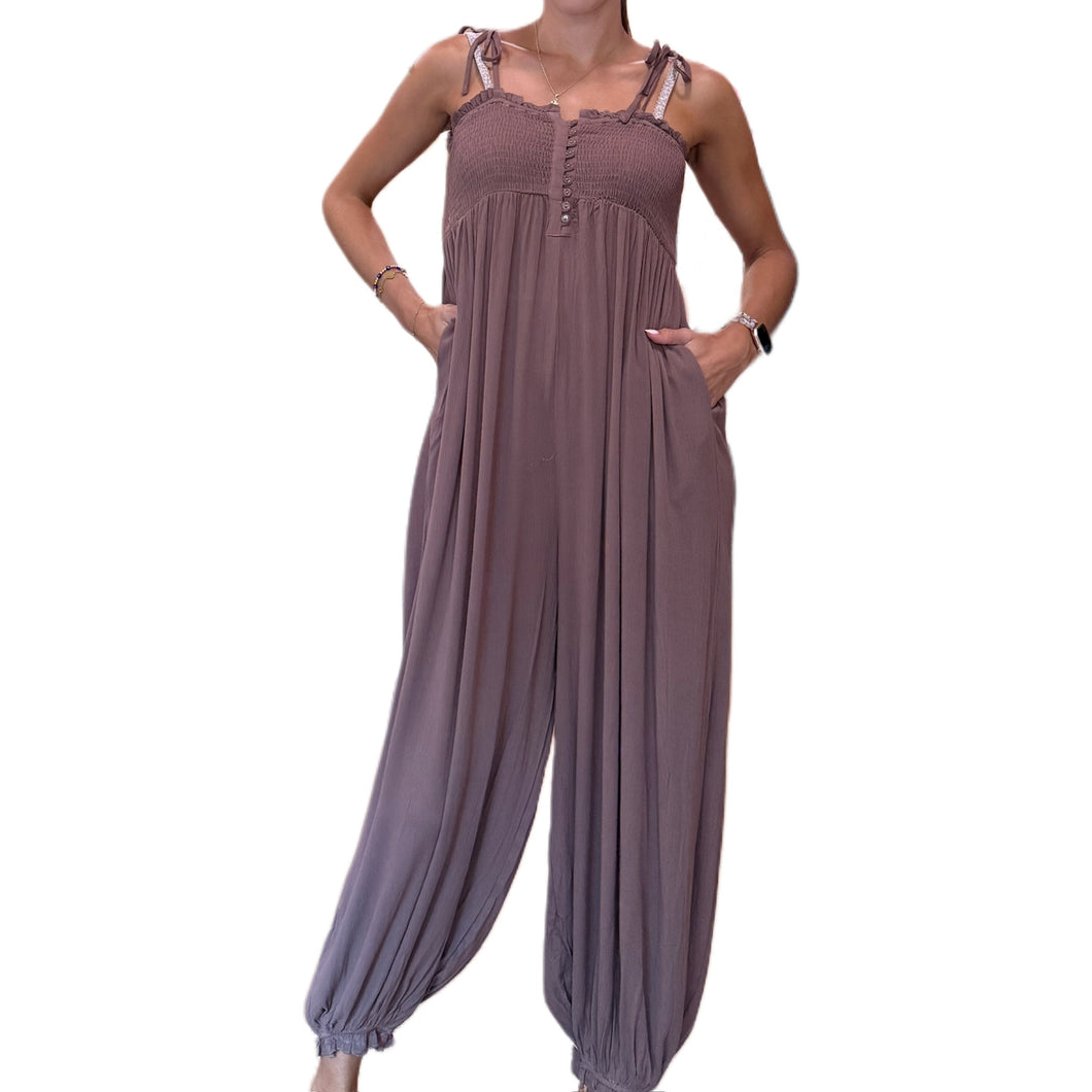 Gauze Smocked Button Front Shoulder Tie Jumpsuit | Mocha