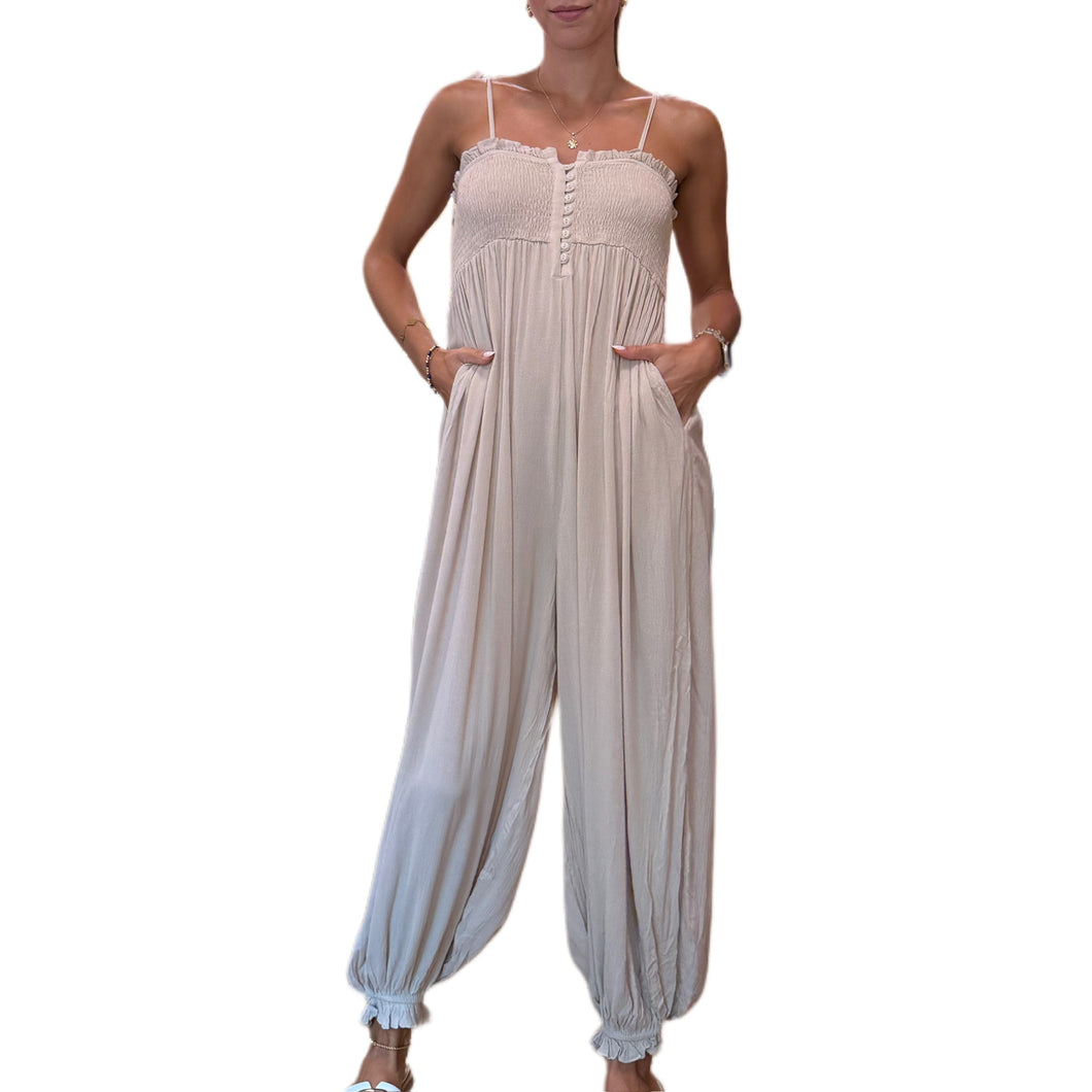 Gauze Smocked Button Front Shoulder Tie Jumpsuit | Oatmeal