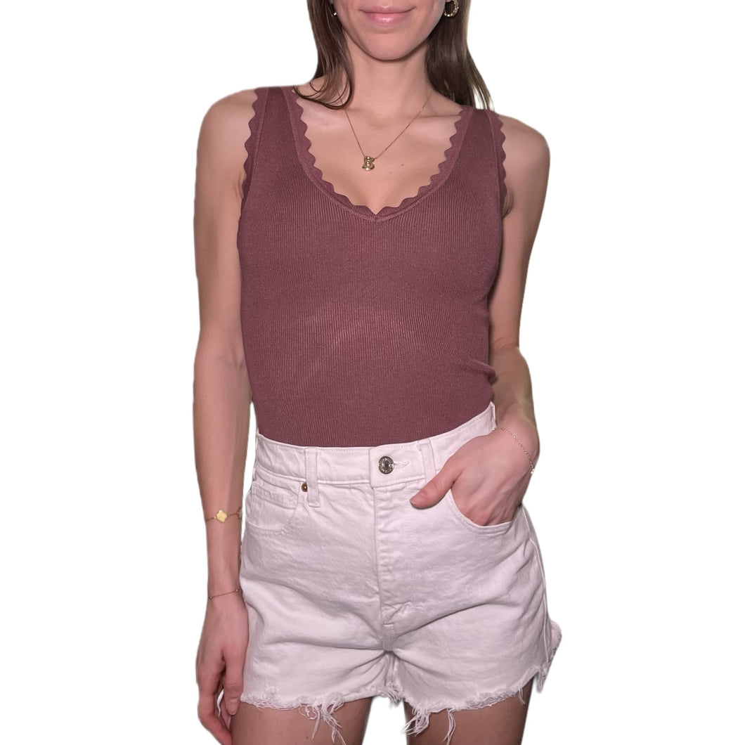 Scalloped Edge Sweater Knit Tank | Red Bean