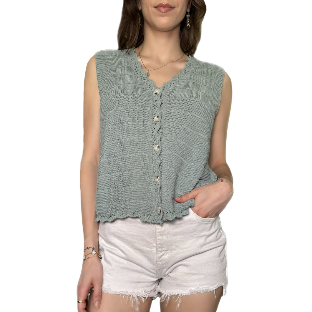 Scalloped Button Up Sweater Vest | Sage