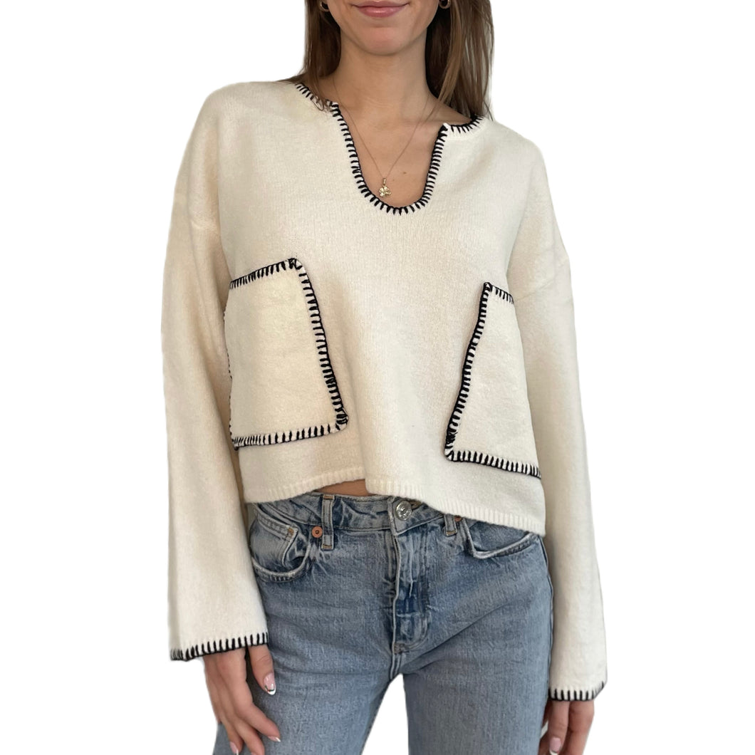 Contrast Stitching long sleeve pocket sweater