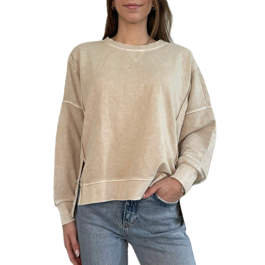 Washed Extended Shoulder Drop Knit Top | Oatmeal