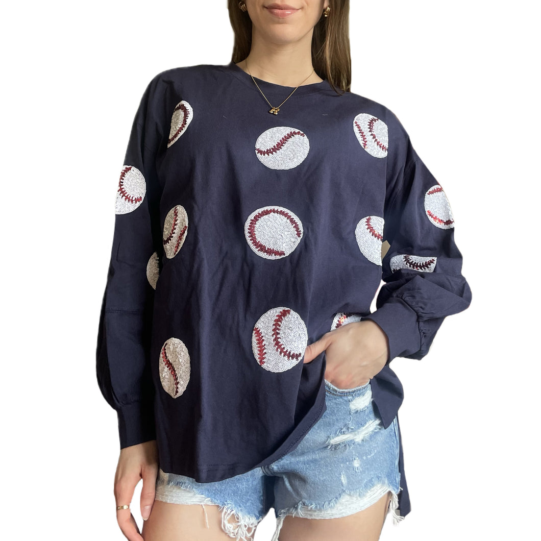 Baseball Sequins Long Sleeve Top | Navy