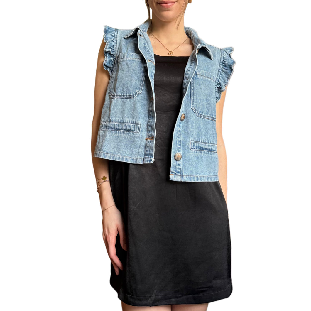 Denim Vest with Ruffle Sleeve