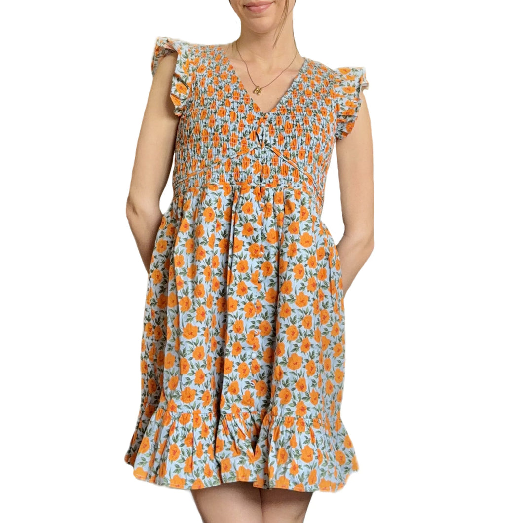Floral Ruffle Sleve Mini Dress | Blue