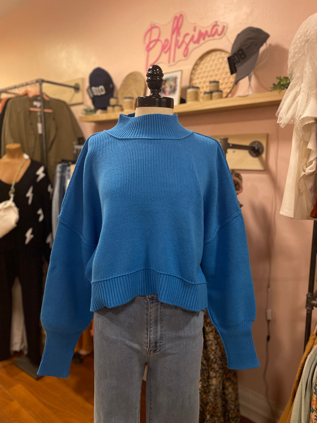 Cropped Side Slit Sweater | Deep Sky Blue