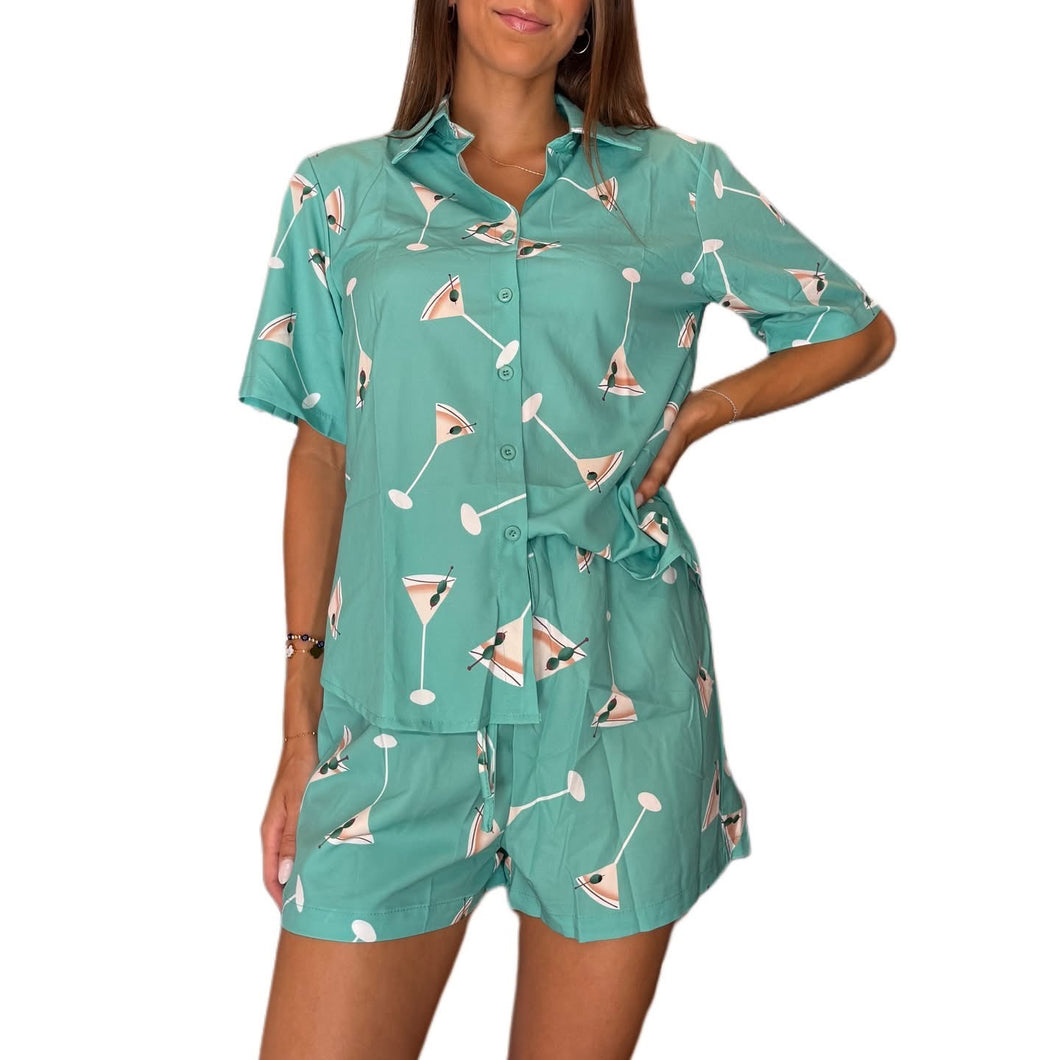 Wine Glass Print Summer PJ Lounge Set