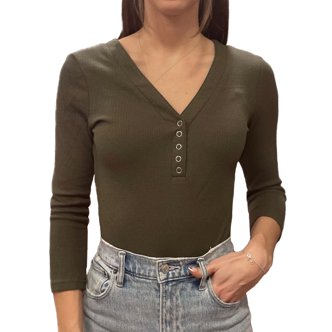 Waffle Henley Bodysuit | Green
