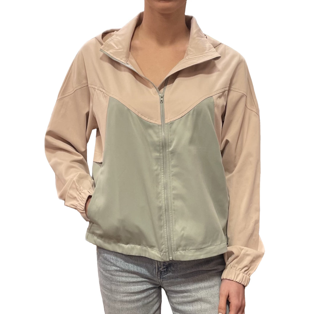 Colorblock Hooded Jacket | Taupe & Sage