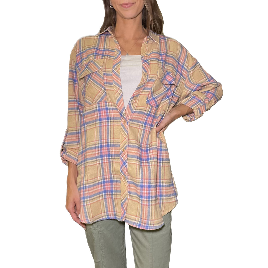 Janie Collared Pocket Detail Plaid Shirt | Taupe