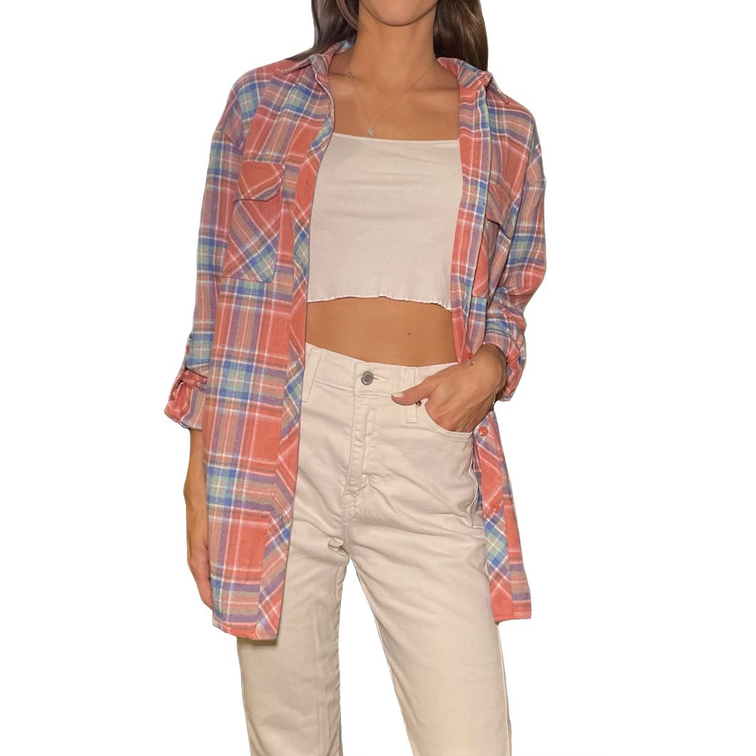 Janie Collared Pocket Detail Plaid Shirt | Coral
