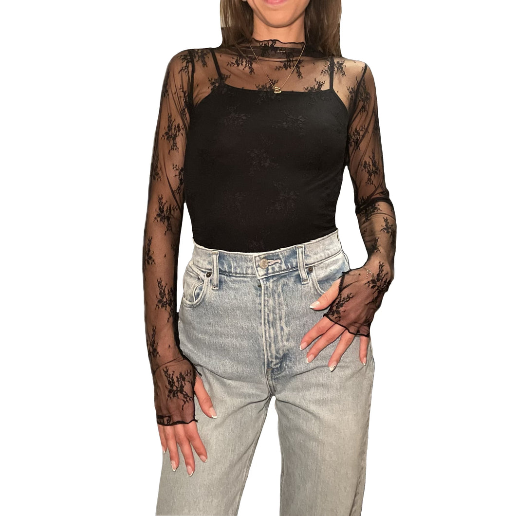 Floral Embroidered Lace Mesh Layering Top | Black