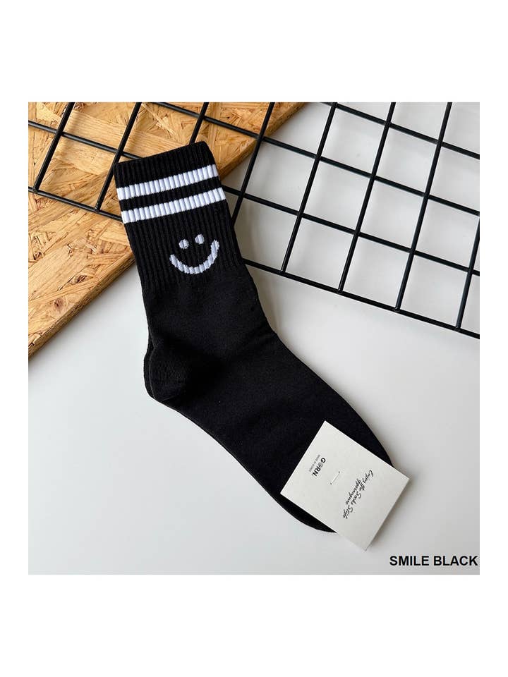 Smiley Face Crew Socks | Black