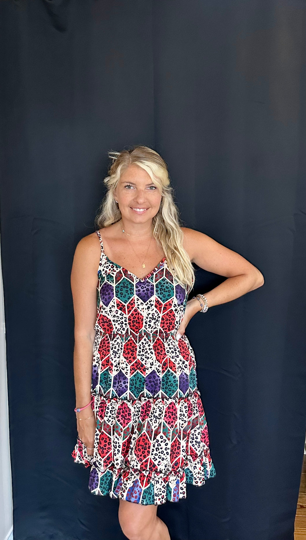 Rhombus print tiered dress